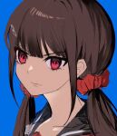  1girl black_sailor_collar blue_background brown_hair closed_mouth collarbone danganronpa_(series) danganronpa_v3:_killing_harmony hair_ornament hair_scrunchie hairclip harukawa_maki hwang_(h751073) long_hair low_twintails portrait red_eyes red_scrunchie sailor_collar scrunchie simple_background solo twintails 