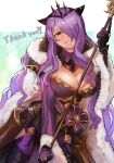  1girl armor black_armor breasts camilla_(fire_emblem) camilla_(light_of_nohr)_(fire_emblem) cleavage commission fire_emblem fire_emblem_fates fire_emblem_heroes gloves hair_ornament hair_over_one_eye highres large_breasts lips long_hair looking_at_viewer official_alternate_costume purple_eyes purple_hair r123 skeb_commission smile solo tiara very_long_hair wavy_hair 