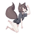  1girl :d absurdres animal_ear_fluff animal_ears bare_legs barefoot black_shirt brown_hair ellu full_body gym_shorts highres looking_at_viewer open_mouth original red_eyes shirt short_hair short_sleeves shorts simple_background smile tail white_background 