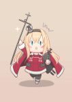  1girl adapted_turret black_hairband blonde_hair blue_eyes cannon chibi coat crown dress globus_cruciger grey_background hairband highres kantai_collection long_hair long_sleeves mini_crown red_coat red_dress rizuriri scepter simple_background smile solo standing turret warspite_(kancolle) 