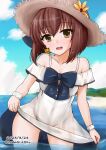  1girl beach blue_sky brown_eyes brown_hair cloud commentary_request covered_navel cowboy_shot dated day dress hat headset highres horizon kamiya_tadato kantai_collection looking_at_viewer ocean official_alternate_costume one-hour_drawing_challenge open_mouth outdoors scrunchie short_hair skirt_hold sky solo straw_hat sun_hat sundress twitter_username wading water white_dress wrist_scrunchie yukikaze_(kancolle) 