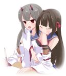  2girls arms_on_table assault_lily bare_shoulders biting biting_shoulder blue_sailor_collar blunt_bangs blush breasts brown_hair closed_eyes collarbone detached_sleeves fang fingernails fujita_asagao grey_hair gumoyu hair_intakes hair_ribbon head_on_another&#039;s_shoulder highres holding holding_pen horns hug hug_from_behind kozue_west layered_sleeves long_hair long_sleeves looking_ahead low_twintails mechanical_horns medium_breasts multiple_girls odaiba_girls_high_school_uniform open_mouth paper pen red_eyes red_horns red_ribbon ribbon sailor_collar school_uniform serafuku shirt simple_background sleeveless sleeveless_shirt table twintails upper_body v-shaped_eyebrows very_long_hair white_background white_shirt wide_sleeves yuri 