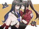  2girls animal_ears arknights black_hair black_shorts blue_gloves blue_hair blue_necktie carrying carrying_person closed_mouth collared_shirt colored_inner_hair dated dual_persona fingerless_gloves gloves green_necktie highres jsjdndhidnshssj long_hair multicolored_hair multiple_girls necktie official_alternate_costume ponytail red_gloves red_hair red_shirt red_socks shirt shorts socks texas_(arknights) texas_(willpower)_(arknights) texas_the_omertosa_(arknights) white_shirt wolf_ears 