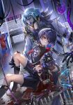  2boys blood blood_splatter blue_hair dottore_(genshin_impact) genshin_impact highres indoors japanese_clothes male_focus mask multiple_boys purple_eyes purple_hair qiuci_708 scaramouche_(genshin_impact) shorts thighs 