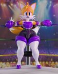  3d_(artwork) anthro armwear bodysuit boxing boxing_gloves bulge canid canine chest_tuft clothing digital_media_(artwork) elbow_gloves fox glistening gloves handwear hi_res latex legwear looking_at_viewer male mammal miles_prower rouge_the_bat sega skinsuit solo sonic_the_hedgehog_(series) sport tailsltx thick_thighs thigh_highs tight_clothing tuft worried 