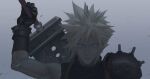  2boys absurdres armor black_gloves blonde_hair blue_eyes buster_sword cloud_strife dododo final_fantasy final_fantasy_vii final_fantasy_vii_remake gloves grey_background grey_hair highres holding holding_sword holding_weapon looking_at_viewer male_focus multiple_boys parted_bangs reflection sephiroth short_hair shoulder_armor single_bare_shoulder sleeveless sleeveless_turtleneck spiked_hair suspenders sword turtleneck upper_body weapon weapon_on_back 