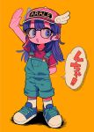  1girl :o arm_behind_back arm_up artist_name baseball_cap blue_footwear dr._slump full_body glasses hat highres long_hair menma_(enaic31) norimaki_arale open_mouth orange_background overalls pink_headwear purple_eyes purple_hair shoes short_sleeves sideways_glance simple_background sneakers socks solo speech_bubble standing teeth twitter_username upper_teeth_only white_socks winged_hat 