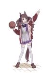  1girl animal_ears ball bow bowtie brown_footwear brown_hair fig_(lchijiku) full_body highres holding holding_ball horse_ears horse_girl horse_tail jacket loafers long_hair long_sleeves open_clothes open_jacket open_mouth outstretched_arm pointing pointing_up purple_eyes purple_shirt sailor_collar school_uniform shirt shoes skirt solo standing tail thighhighs tosen_jordan_(umamusume) tracen_school_uniform tracen_training_uniform track_jacket twintails umamusume v-shaped_eyebrows volleyball white_skirt white_thighhighs 