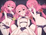  3girls ass bikini blush bracelet breasts clothing_aside cum cum_in_pussy female_masturbation flower hair_flower hair_ornament highres jewelry kuroha_koudai long_hair looking_at_viewer m_legs masturbation multiple_girls multiple_persona navel neneka_(princess_connect!) neneka_(summer)_(princess_connect!) nipples panties panties_aside pink_eyes pink_hair pointy_ears princess_connect! sex small_breasts swimsuit twintails underwear very_long_hair 