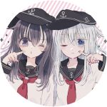  2girls akatsuki_(kancolle) anchor_symbol black_headwear black_sailor_collar black_serafuku blue_eyes blush closed_mouth commentary_request flat_cap grey_hair hair_between_eyes hat hibiki_(kancolle) kantai_collection long_hair long_sleeves looking_at_viewer multiple_girls nazu_(nazuunne) neckerchief one_eye_closed purple_eyes purple_hair red_neckerchief sailor_collar school_uniform serafuku upper_body 