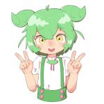  1girl :d ag-kemono_(1035411828) ahoge blouse blush_stickers bolo_tie chinese_commentary commentary_request dot_nose double_v flat_chest green_hair green_suspenders hair_between_eyes looking_at_viewer open_mouth pea_pod shirt short_hair short_sleeves short_twintails shorts simple_background smile suspender_shorts suspenders teeth twintails upper_body upper_teeth_only v voicevox w_arms white_background white_shirt yellow_eyes zundamon 