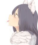  1girl animal_ears black_hair blush commentary_request cum cum_in_mouth cum_on_tongue facial kohaku_q long_hair open_mouth princess_connect! profile shiori_(princess_connect!) simple_background solo tongue tongue_out upper_body white_background yellow_eyes 