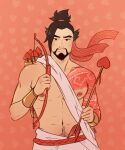  1boy abs alternate_costume arrow_(projectile) asian bara beard blush bow_(weapon) bracer brown_hair cowboy_shot cupid facial_hair forked_eyebrows greek_clothes hanzo_(overwatch) heart heart_arrow heart_background highres holding holding_bow_(weapon) holding_weapon knife-bullets large_pectorals looking_at_viewer magical_boy male_focus mature_male muscular muscular_male navel_hair nipples overwatch pectorals pink_tattoo sash short_hair shoulder_sash solo thick_eyebrows upper_body valentine weapon 