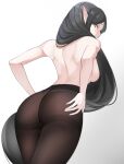 1girl adele_(maplestory) ass bare_back black_hair blush breasts breasts_out clipstupid closed_mouth from_behind green_eyes highres long_hair looking_back maplestory medium_breasts panties pantyhose pointy_ears solo underwear upper_body 