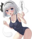  1girl absurdres black_hairband black_one-piece_swimsuit blue_eyes bob_cut breasts cleavage commentary_request covered_navel grey_hair hairband highres hitodama konpaku_youmu konpaku_youmu_(ghost) leaning_forward looking_at_viewer medium_breasts one-piece_swimsuit open_mouth school_swimsuit short_hair simple_background swimsuit touhou translation_request white_background youmu-kun 