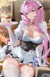  1girl apron cake cake_slice closed_mouth cyicheng elysia_(honkai_impact) elysia_(miss_pink_elf)_(honkai_impact) food frills garter_belt gloves holding holding_plate honkai_(series) honkai_impact_3rd horns long_hair looking_at_viewer maid maid_headdress panties pantyshot pink_hair plate puffy_short_sleeves puffy_sleeves short_sleeves smile solo strawberry_cake thighhighs underwear waist_apron white_gloves white_thighhighs 