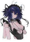  1girl antennae arthropod_girl blue_eyes blue_hair breasts cleavage commentary english_commentary extra_arms gothic highres looking_at_viewer maid_headdress medium_hair mole mole_under_eye original short_hair simple_background solo tomatolover16 upper_body white_background 