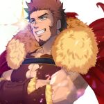  1boy alternate_costume armor bara blue_eyes borrowed_clothes bracer breastplate brown_hair cape clothing_cutout cosplay cross_scar crossed_arms facial_hair fate/grand_order fate_(series) floating_cape front_slit fur-trimmed_cape fur_trim gatta_(gatta_reve_cat) goatee grin iskandar_(fate) iskandar_(fate)_(cosplay) large_pectorals leather long_sideburns looking_to_the_side male_focus mature_male muscular muscular_male napoleon_bonaparte_(fate) pectoral_cleavage pectorals red_cape revision scar scar_on_chest short_hair sideburns smile solo sparkle upper_body 