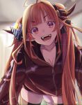  1girl ahoge black_thighhighs blonde_hair breasts dragon_girl dragon_horns dragon_tail hololive horns jacket kiryu_coco kiryu_coco_(3rd_costume) kyou_fumei large_breasts long_hair looking_at_viewer multicolored_hair open_mouth orange_eyes orange_hair orange_jacket pointy_ears smile solo streaked_hair tail thighhighs twintails virtual_youtuber zipper zipper_pull_tab 