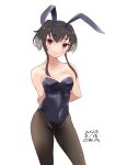  1girl animal_ears bare_shoulders black_hair black_leotard black_pantyhose blush bow bowtie brown_eyes covered_navel fake_animal_ears highleg highleg_leotard highres kantai_collection leotard looking_at_viewer owa_(ishtail) pantyhose playboy_bunny rabbit_ears rabbit_tail short_hair short_hair_with_long_locks smile solo strapless strapless_leotard tail tokitsukaze_(kancolle) wrist_cuffs 