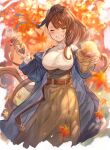  1girl alternate_costume asymmetrical_bangs autumn_leaves ayacho beatrix_(granblue_fantasy) belt blue_coat blue_ribbon blurry blurry_background blurry_foreground breasts brown_belt brown_hair brown_skirt casual coat commentary_request commission contemporary cropped_legs floating_hair food food_on_face food_wrapper granblue_fantasy green_eyes grin hair_ribbon hand_up high-waist_skirt highres incoming_food large_breasts leaf long_hair long_sleeves looking_at_viewer maple_leaf off_shoulder one_eye_closed open_clothes open_coat ponytail reaching_towards_viewer ribbon roasted_sweet_potato shirt skeb_commission skirt smile solo steam suspender_skirt suspenders sweet_potato taut_clothes taut_shirt very_long_hair white_shirt 