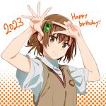  1girl arm_up brown_eyes brown_hair brown_sweater_vest gekota hair_ornament hairpin hand_up happy_birthday highres looking_at_viewer misaka_mikoto open_hand school_emblem school_uniform short_hair short_sleeves simple_background smile solo spread_fingers sweater_vest toaru_kagaku_no_railgun toaru_majutsu_no_index tokiwadai_school_uniform toru_k v 