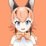  1girl animal_ears bare_shoulders blue_eyes bow bowtie caracal_(kemono_friends) caracal_ears elbow_gloves extra_ears gloves kemono_friends kemono_friends_v_project long_hair looking_at_viewer microphone official_art open_mouth orange_hair shirt simple_background sleeveless sleeveless_shirt solo virtual_youtuber white_shirt 