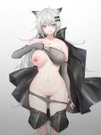  1girl :q absurdres animal_ears arknights ass_visible_through_thighs bandeau bandeau_lift black_jacket black_nails blue_eyes breasts censored collarbone covered_nipples elbow_gloves extra_ears feet_out_of_frame fingerless_gloves gloves gradient_background grey_bandeau grey_gloves grey_hair hair_ornament hairclip heart heart_censor highres jacket jacket_on_shoulders lappland_(arknights) large_breasts lifted_by_self long_hair looking_at_viewer nanaya_journey navel nipples one_breast_out oripathy_lesion_(arknights) pussy scar scar_across_eye simple_background solo straight-on tail thighs tongue tongue_out very_long_hair white_background wolf_ears wolf_girl wolf_tail 