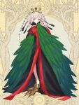  1girl blonde_hair clothing_request dairoku_ryouhei dress edith_echelle full_body green_wings grey_eyes harpy headpiece looking_at_viewer medium_hair monster_girl red_dress romayasu standing talons wings yellow_background 