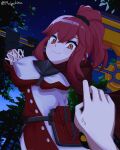 1girl absurdres anna_(fire_emblem) carrying_over_shoulder dollar_sign english_commentary fire_emblem fire_emblem_engage hairband highres holding holding_weapon looking_at_another looking_at_viewer meiyoshima night night_sky ponytail pov red_eyes red_hair signature sky smile sweatdrop tagme weapon 