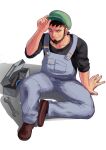  1boy arm_hair arm_support beard black_shirt brown_footwear brown_hair closed_eyes closed_mouth collarbone facial_hair green_headwear grey_overalls hand_up hat koratcat male_focus meyer_(pokemon) overalls pokemon pokemon_(anime) pokemon_xy_(anime) shirt shoes short_hair sitting smile solo spread_legs toolbox wrench 