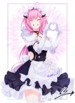  1girl ^_^ apron artist_request black_dress breasts cleavage closed_eyes commentary dress elbow_gloves elysia_(honkai_impact) facing_viewer flower frilled_apron frills garter_straps gloves grin hands_up heart heart_hands highres honkai_(series) honkai_impact_3rd horns long_hair medium_breasts pink_hair pointy_ears puffy_short_sleeves puffy_sleeves short_sleeves signature smile solo thighhighs very_long_hair white_apron white_background white_flower white_gloves white_thighhighs 