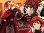  1boy armor asymmetrical_armor belt buckle cape closed_mouth diamant_(fire_emblem) fire_emblem fire_emblem_engage fur_trim gloves happy_birthday high_collar looking_at_viewer multiple_views red_eyes red_hair short_hair shoulder_armor 