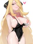  1girl :p areola_slip arm_behind_back black_leotard blonde_hair breasts covered_navel crotch_zipper cynthia_(pokemon) flashing gatchan grey_eyes groin hair_ornament hair_over_one_eye heart highleg highleg_leotard highres large_breasts leotard leotard_pull long_hair looking_at_viewer nipples pokemon pokemon_(game) pokemon_dppt puffy_nipples pulled_by_self simple_background solo spaghetti_strap tongue tongue_out very_long_hair white_background zipper zipper_pull_tab 