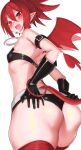  1girl arm_strap ass black_gloves blush choker demon_tail demon_wings disgaea earrings elbow_gloves etna_(disgaea) fang flat_chest from_behind from_below gloves hands_on_own_ass highres jewelry looking_at_viewer makai_senki_disgaea o-ring o-ring_choker open_mouth pointy_ears ratsuku_kinoko red_eyes red_hair red_thighhighs short_shorts shorts skindentation skull_earrings solo tail thighhighs thighs white_background wings 