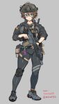  1girl anus anus_peek ar-15 blue_eyes bodysuit brown_hair flare glasses gun handgun headset helmet highres jacket knee_pads looking_at_viewer mordeth original partially_visible_vulva rifle shoes short_hair skin_tight sneakers trigger_discipline weapon 