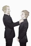  2boys adjusting_clothes adjusting_necktie askeladd beard black_suit blonde_hair blue_eyes brown_eyes casual contemporary facial_hair formal highres kakuzta male_focus multiple_boys necktie short_hair suit thorfinn vinland_saga 