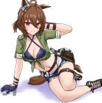  1girl absurdres agnes_tachyon_(lunatic_lab)_(umamusume) agnes_tachyon_(umamusume) ahoge animal_ears artist_logo belt bikini black_bikini black_gloves blue_shorts blush breasts brown_hair cleavage criss-cross_halter ear_bow flask gloves green_jacket hair_between_eyes halterneck hand_in_own_hair highres horse_ears horse_girl horse_tail jacket jtleeklm looking_at_viewer midriff navel open_mouth pouch red_eyes round-bottom_flask sandals short_hair short_shorts short_sleeves shorts simple_background sitting small_breasts smile solo summer&#039;s_sunlight_fades_to_blue_(umamusume) swimsuit tail test_tube tied_jacket umamusume watermark white_background yokozuwari 
