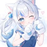  1girl ahoge animal_ears animal_hands blue_eyes blue_hair blue_skirt blunt_bangs blush cat_ears cat_paws cube_hair_ornament fins fish_tail frilled_sleeves frills gawr_gura gawr_gura_(3rd_costume) grey_hair hair_ornament heart highres hololive hololive_english looking_at_viewer multicolored_hair nemuri_(nemu729o) one_eye_closed ponytail shark_girl shark_tail shirt short_sleeves side_ponytail sidelocks skirt skirt_set solo streaked_hair tail tongue tongue_out virtual_youtuber white_background white_shirt 