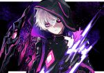  1boy abstract_background add_(elsword) black_jacket black_sclera bright_pupils colored_sclera elsword expressionless highres hood hood_up jacket kurea_akatuki light_particles looking_at_viewer mad_paradox_(elsword) mismatched_sclera parted_lips pink_eyes solo symbol-shaped_pupils upper_body white_hair 