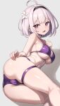  1girl absurdres ahoge ass bikini blush breasts cameltoe fanteam fat_mons flower hair_flower hair_ornament hairband highres large_breasts light_purple_hair looking_at_viewer lying navel on_side original purple_bikini purple_eyes purple_hair short_hair simple_background solo swimsuit thigh_strap thighs 