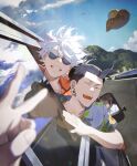  2boys absurdres black_car black_hair blue_shirt car clenched_teeth closed_eyes cloud earrings fingernails floating_hair floral_print getou_suguru gojou_satoru hair_between_eyes hat highres jewelry jujutsu_kaisen kyuuba_melo male_focus mirror motor_vehicle mountain multiple_boys open_mouth orange_shirt outdoors parted_lips path red_eyes reflection round_eyewear shirt short_hair short_sleeves sidelocks sky smile straw_hat sunglasses teeth v water white_hair window 