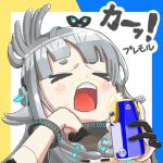  1girl alcohol and_uge beer beer_can binary blunt_bangs blush can closed_eyes commentary_request cut_bangs finger_cots foam_mustache grey_hair hairpods long_hair medium_bangs nanashi_inc. open_mouth sanshoku_dango_(miiroillust) solo thick_eyebrows translation_request upper_body virtual_youtuber white_background winding_key wristband yawning 
