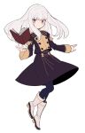  1girl black_pantyhose blush book boots buttons closed_mouth do_m_kaeru fire_emblem fire_emblem:_three_houses full_body garreg_mach_monastery_uniform long_hair long_sleeves looking_at_viewer lysithea_von_ordelia open_book pantyhose pink_eyes simple_background solo uniform white_background white_footwear white_hair 