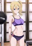  1girl arms_behind_back bench blonde_hair blue_eyes brand_name_imitation breasts buruma closed_mouth collarbone commentary_request hayasaka_ai high_side_ponytail indoors inoshira kaguya-sama_wa_kokurasetai_~tensai-tachi_no_renai_zunousen~ medium_breasts medium_hair navel nike purple_buruma purple_sports_bra side_ponytail sidelocks smile solo sports_bra sportswear stomach thighs weights 