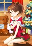  1girl ai_ai_gasa ayanami_(kancolle) bell blush bow box breasts brown_eyes brown_hair brown_ribbon brown_socks capelet christmas christmas_tree cleavage closed_mouth commentary_request curtains dress earrings fur-trimmed_capelet fur-trimmed_dress fur_trim gift gift_box hair_ribbon hand_up highres jewelry kantai_collection kuzumochi_(kuzumochiya) looking_at_viewer pleated_dress ponytail red_bow red_capelet red_dress ribbon santa_costume shikinami_(kancolle) sitting small_breasts snow snowing socks solo strapless strapless_dress stuffed_animal stuffed_toy teddy_bear translation_request wariza wavy_mouth window wooden_floor 