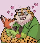  &lt;3 baron_puddin_paws benjamin_clawhauser canid canine cheetah chubby_cheeks clothed clothing digital_drawing_(artwork) digital_media_(artwork) disney duo embrace eyes_closed eyewear felid feline fox fur glasses guide_lines hand_on_chest hi_res hug kissing male male/male mammal nick_wilde overweight overweight_male pink_background romantic romantic_couple simple_background size_difference smile spots spotted_body spotted_fur zootopia 