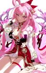  1girl absurdres bare_legs breasts cleavage elysia_(herrscher_of_human:ego)_(honkai_impact) elysia_(honkai_impact) flower hand_on_own_chin highres honkai_(series) honkai_impact_3rd kneeling large_breasts long_sleeves official_alternate_costume pink_eyes pink_flower pink_hair pointy_ears simple_background smile solo white_background white_sleeves yun-yang 