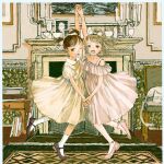  2girls black_eyes blonde_hair brown_hair dancing dress eikoh fireplace green_eyes highres holding_hands indoors lower_teeth_only multiple_girls one_eye_closed open_mouth original pink_dress ponytail short_twintails sketch smile teeth twintails victorian yellow_dress 