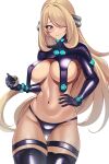  1girl alternate_costume ass_visible_through_thighs blonde_hair breasts closed_mouth cowboy_shot cynthia_(pokemon) gantz gantz_suit grey_eyes groin hair_over_one_eye hand_on_own_hip highres holding holding_poke_ball large_breasts long_hair looking_at_viewer navel poke_ball pokemon pokemon_(game) pokemon_dppt shrug_(clothing) simple_background solo stomach thigh_strap thighhighs thighs ultra_ball very_long_hair volyz white_background 